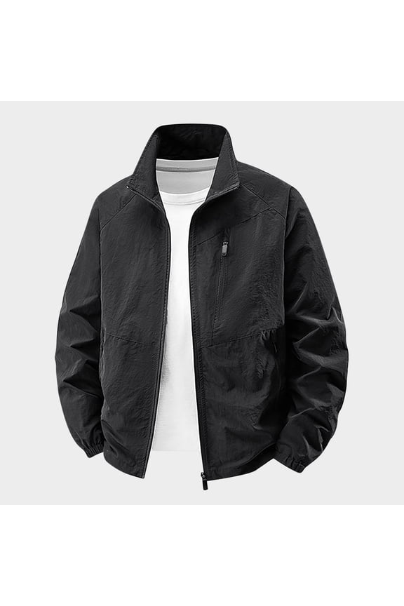 Men's Casual Solid Color Lightweight Zip-Up Jacket Multiple Pockets Long Sleeve No Hood Utility Outerwear