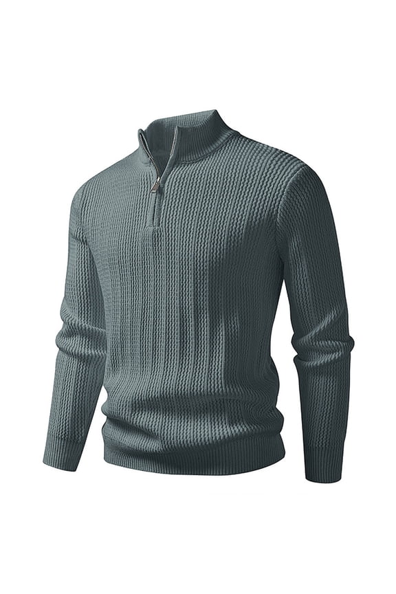 Men's Casual Solid Color Stacked Collar Buttoned Elastic Knit Sweater Long Sleeve Stand Collar Everyday Style