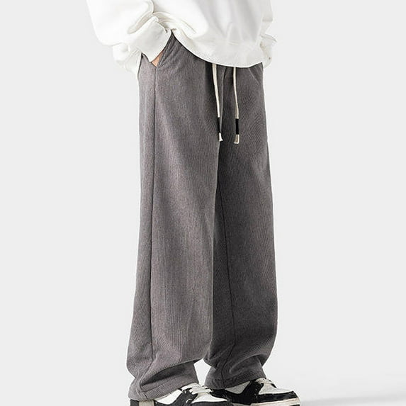 Yusimy Men's Casual Straight Leg Fleece-Lined Pants Solid Color Drawstring Waist with Pockets Warm Winter Trousers