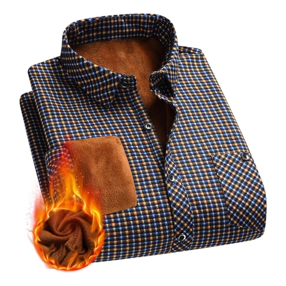Yusimy Men's Checkered Shirt Fleece-lined Notched Collar Long Sleeve Casual Versatile Top Winter Flannel Plaid Cozy Wear