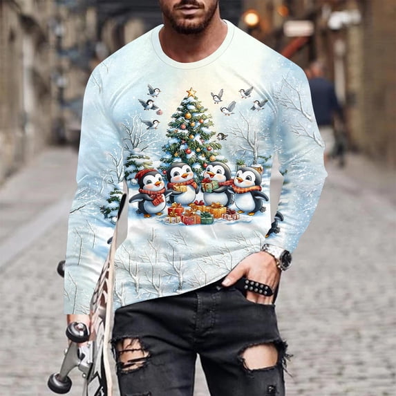 Yusimy Men's Christmas Print T-Shirt Long Sleeve Round Neck Pullover Top Casual Vintage Holiday Y2K Style