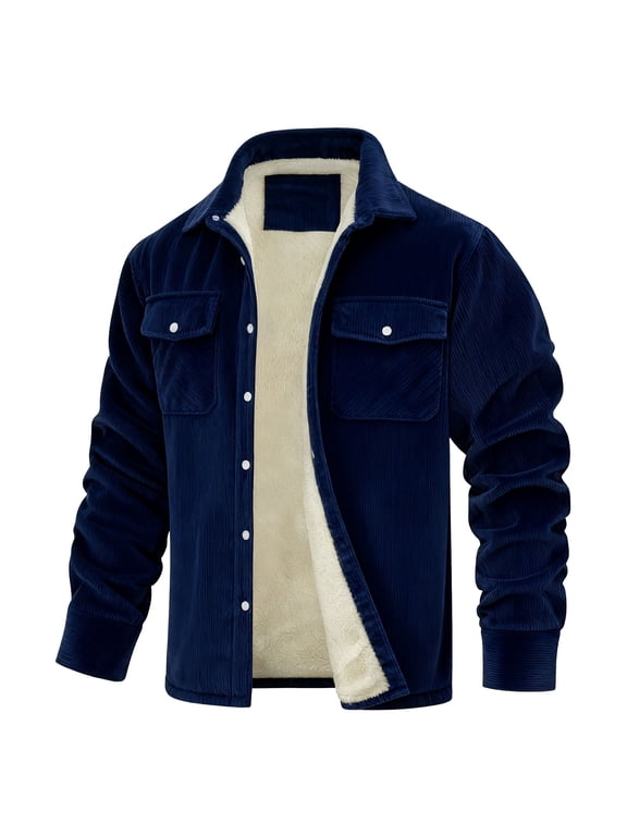 Men's Corduroy Jacket Single-Breasted Cardigan Turn-Down Collar Solid Color Long Sleeve Thickened Cotton-Padded Warm Jacket Cozy Style