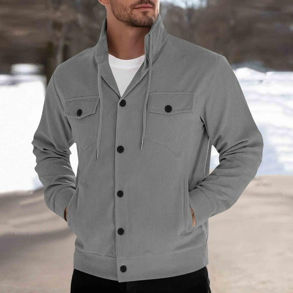 Yusimy Men's Corduroy Jacket Solid Color Relaxed Fit Button-Front Pockets Adjustable Drawstring Long Sleeve Stand Collar Casual Vintage Coat