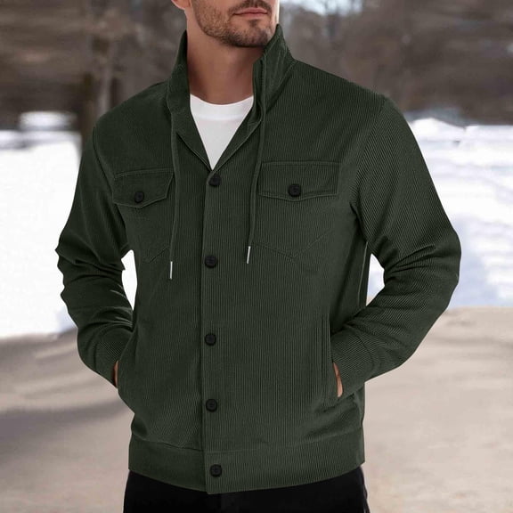 Yusimy Men's Corduroy Jacket Solid Color Relaxed Fit Button-Front Pockets Adjustable Drawstring Long Sleeve Stand Collar Casual Vintage Coat