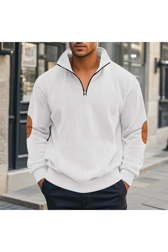 Men's Corduroy Pullover Stand Collar Zipper Half Placket Retro Patchwork Long Sleeve Shirt Vintage