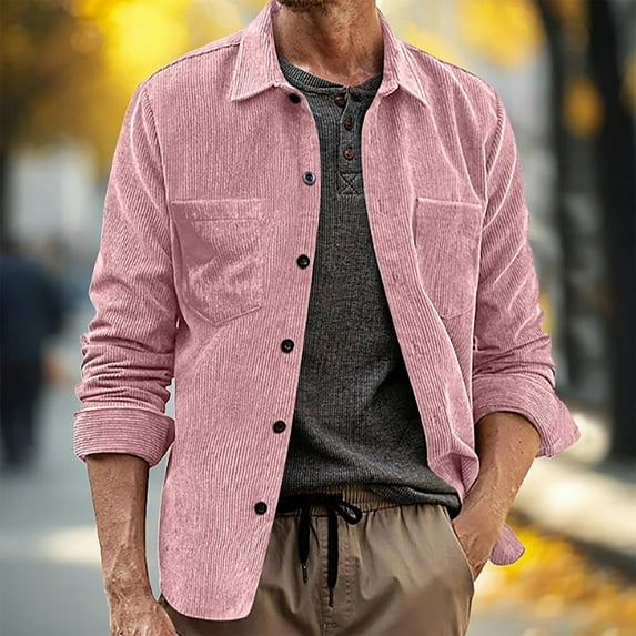 Yusimy Men's Corduroy Shirt Solid Color Button Pocket Lapel Collar Long Sleeve Vintage
