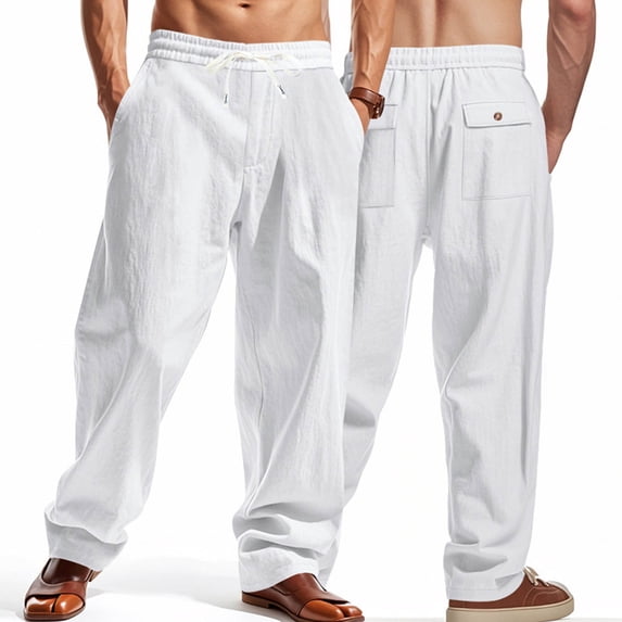 Yusimy Men's Cotton-Linen Cargo Pants High Waist Wide Leg Straight Cut Casual Fashion Relaxed Fit Trousers