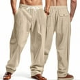 thumbnail image 1 of Yusimy Men's Cotton-Linen Cargo Pants High Waist Wide Leg Straight Cut Casual Fashion Relaxed Fit Trousers, 1 of 9