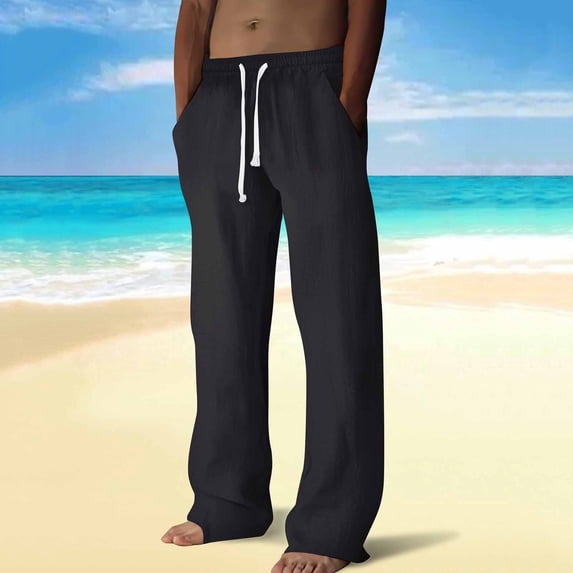 Yusimy Men's Cotton-Linen Casual Pants Relaxed Fit Drawstring Waist Breathable Straight Leg Multiple Pockets Casual Style