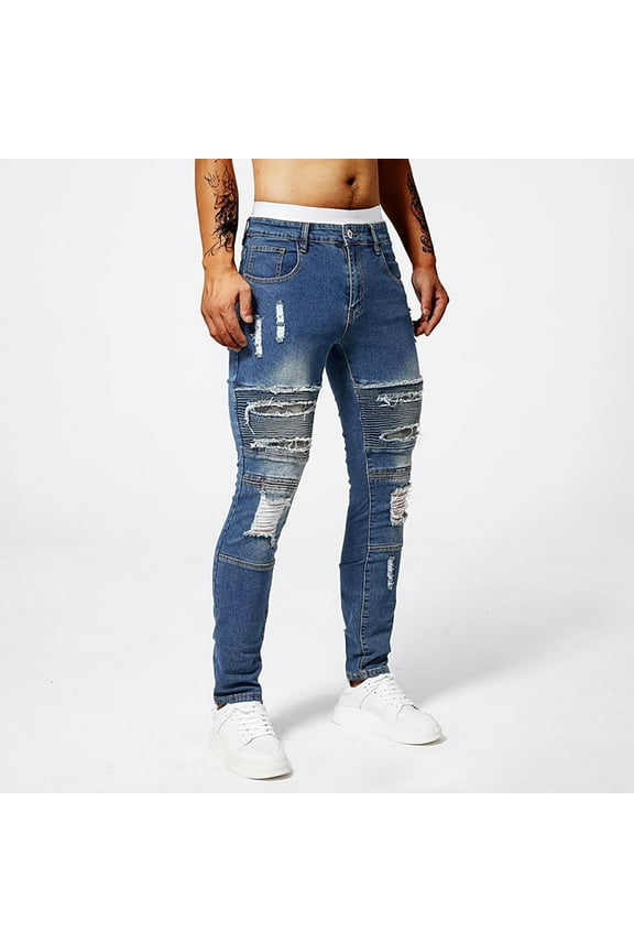 Men's Denim Pants Ripped Patch Pocket Rivet Stretch Skinny Fit Solid Color Casual Street Style