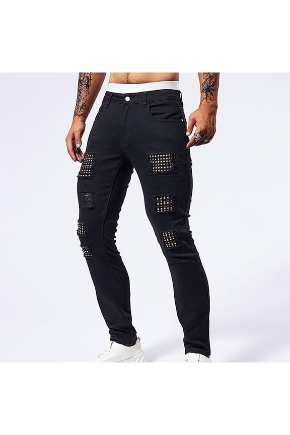 Men's Denim Pants Ripped Patch Pocket Rivet Stretch Skinny Fit Solid Color Casual Street Style
