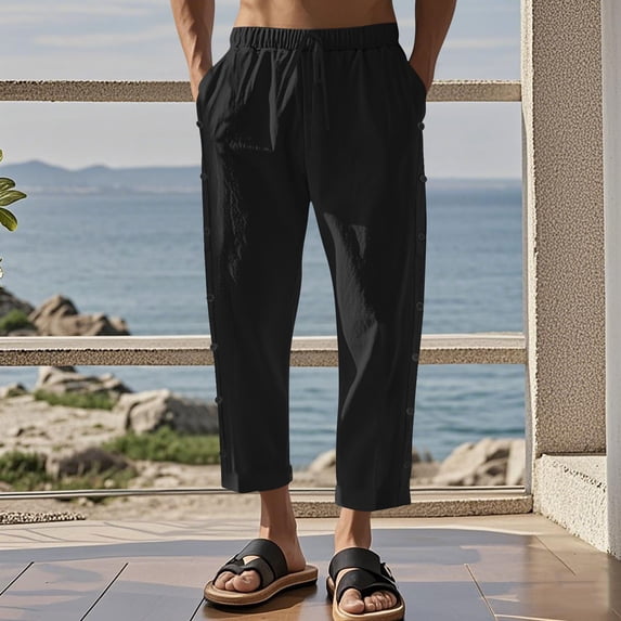 Yusimy Men's Elastic Waist Cargo Pants Button Accents Multi-Pocket Solid Color Cropped Length Urban Casual Style