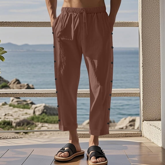 Yusimy Men's Elastic Waist Cargo Pants Button Accents Multi-Pocket Solid Color Cropped Length Urban Casual Style