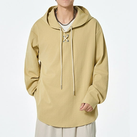 Yusimy Men's Fashion Casual Hooded T-Shirt - Solid Color, Long Sleeve with Adjustable Drawstring Hood, Soft Stretch Cotton Fabric, Fall Daily Wear & Gym Layer Outfit