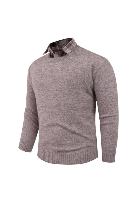 Men's Fashion Color-Block Plaid Printed Spread Collar Knitted Sweater - Long Sleeve Contrast Panels Casual Fashion Style for Winter