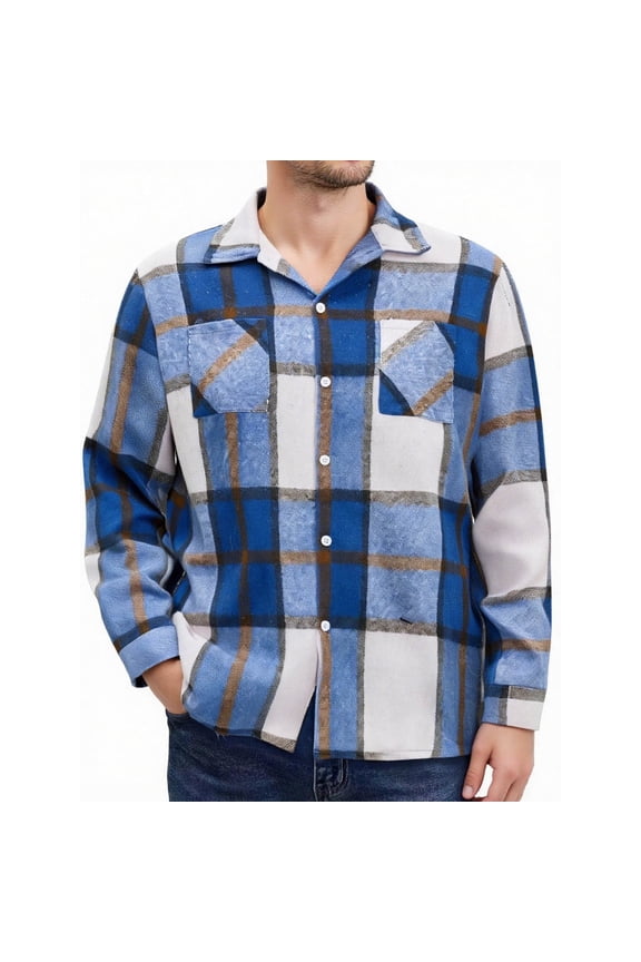 Men's Flannel Shirt Brushed Checkered Button-Down Collar Long Sleeve Casual Versatile Style