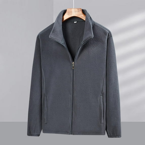 Yusimy Men's Fleece Jacket Solid Color Stand Collar Long Sleeve Zipper Front Casual Outdoor Coat