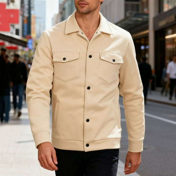 Yusimy Men's Fleece Jacket Winter Snap-Front Cardigan Turn-Down Collar Long Sleeve Casual Coat with Snap Pockets Stylish Warm Outerwear