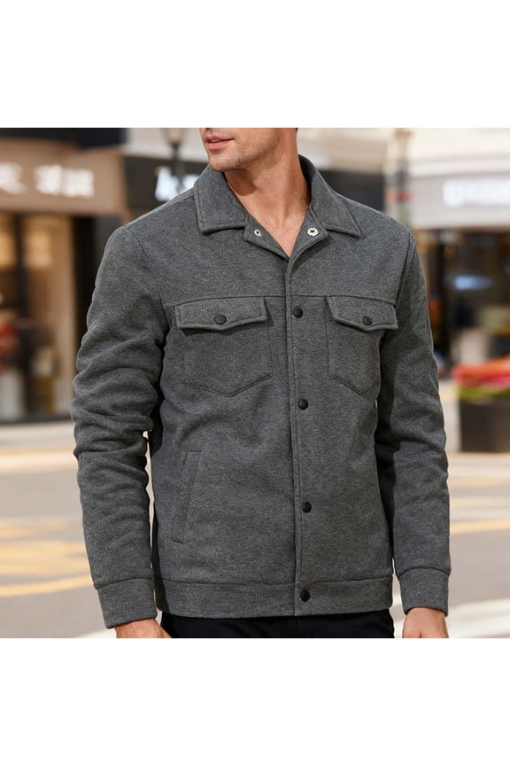 Men's Fleece Jacket Winter Snap-Front Cardigan Turn-Down Collar Long Sleeve Casual Coat with Snap Pockets Stylish Warm Outerwear