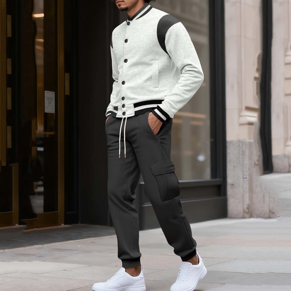 Yusimy Men's Fleece-Lined 2-Piece Bomber Jacket Set Solid Color Snap Cardigan Stand-Up Collar Pocket Cargo Pants Casual