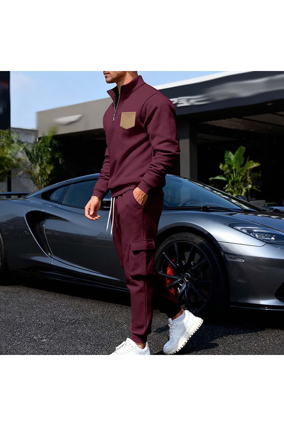 Men's Fleece-Lined 2-Piece Cargo Set Half-Zip Stand-Up Collar Pocket Jogger Pants Casual