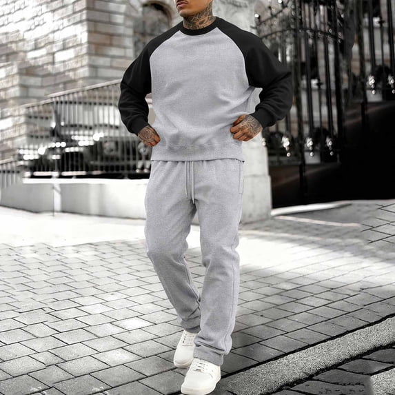 Yusimy Men's Fleece-Lined Color-Block 2-Piece Set Loose Casual Drawstring Jogger Pants Pullover Long Sleeve Warm