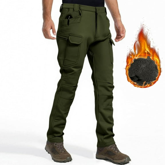 Yusimy Men's Fleece-Lined Tactical Cargo Pants Outdoor Softshell Insulated Winter Workwear Multi-Pocket Hiking Pants