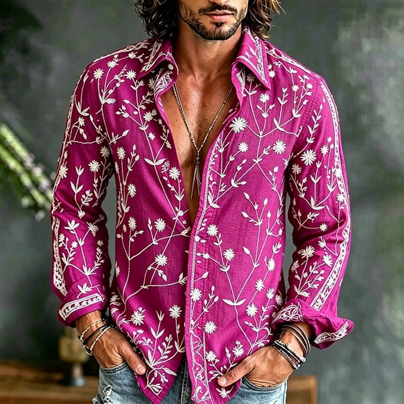 Yusimy Men's Floral Button-Up Shirt, Breathable Long Sleeve with Collar, Loose Chiffon Top for Vacation Party and Summer Holiday Casual