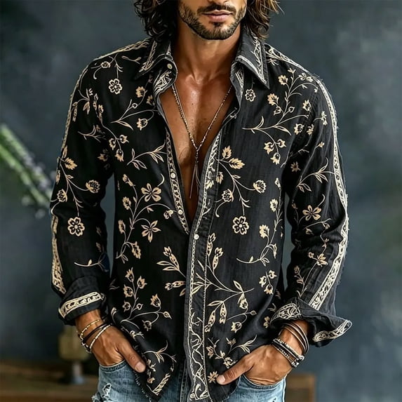 Yusimy Men's Floral Button-Up Shirt, Breathable Long Sleeve with Collar, Loose Chiffon Top for Vacation Party and Summer Holiday Casual