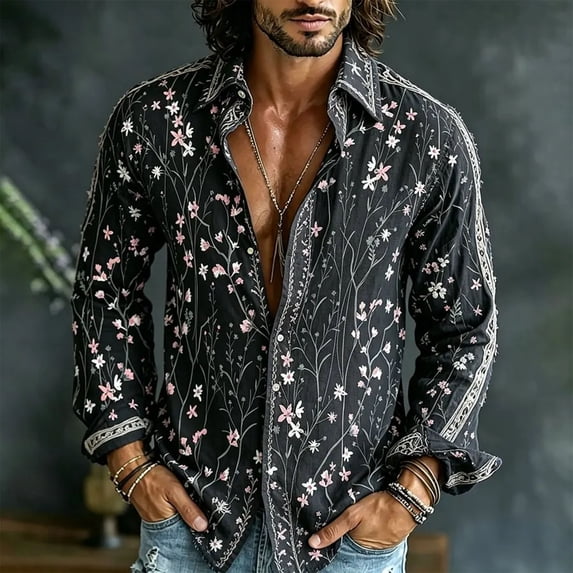 Yusimy Men's Floral Button-Up Shirt, Breathable Long Sleeve with Collar, Loose Chiffon Top for Vacation Party and Summer Holiday Casual