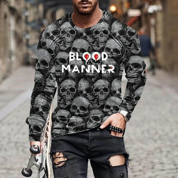 Yusimy Men's Halloween Graphic Shirt Long Sleeve Round Neck Casual Top, Spooky Print Design, Festive Streetwear Trendy Casual Style Vintage