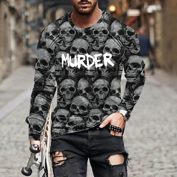 Yusimy Men's Halloween Print Shirt Long Sleeve Round Neck Casual Top Sporty Gothic Streetwear Y2K Vintage Fall Fashion