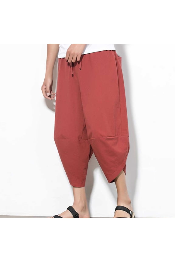 Men's Harem Pants Cotton-Linen Blend Solid Color Cropped Trousers Loose Fit Casual Bohemian Style Cropped Length Breathable Comfortable