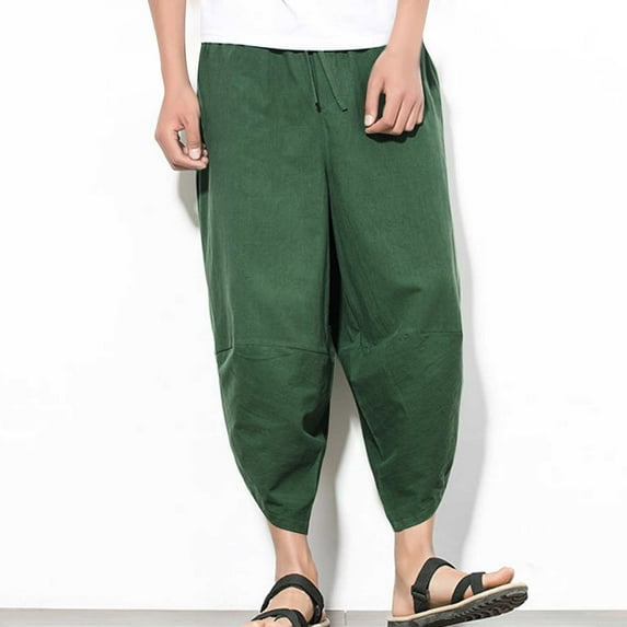 Yusimy Men's Harem Pants Cotton-Linen Blend Solid Color Cropped Trousers Loose Fit Casual Bohemian Style Cropped Length Breathable Comfortable