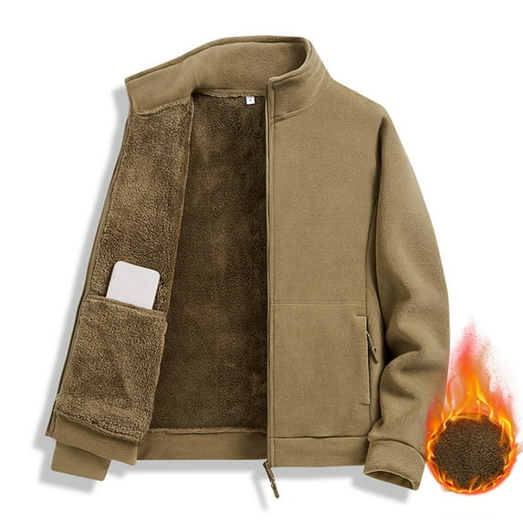 Yusimy Men's Heavyweight Sherpa Fleece Jacket Solid Color Stand-Up Collar Long Sleeve Zip Pockets Casual Minimalist Winter Warm Style