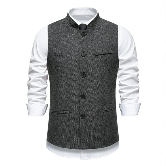 Yusimy Men's Herringbone Vest with Pockets Single-Breasted Stand-Up Collar Waistcoat Medieval Vintage Style