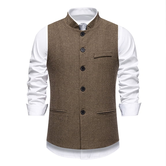 Yusimy Men's Herringbone Vest with Pockets Single-Breasted Stand-Up Collar Waistcoat Medieval Vintage Style