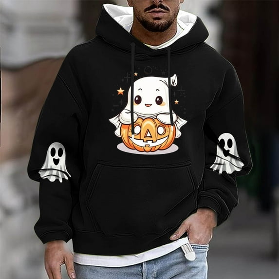 Yusimy Men's Hooded Sweatshirt Halloween Ghost Print Fleece-Lined Pocket Drawstring Long Sleeve Streetwear Cozy Winter Pullover
