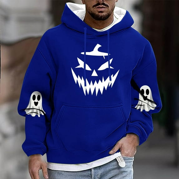 Yusimy Men's Hooded Sweatshirt Halloween Ghost Print Fleece-Lined Pocket Drawstring Long Sleeve Streetwear Cozy Winter Pullover