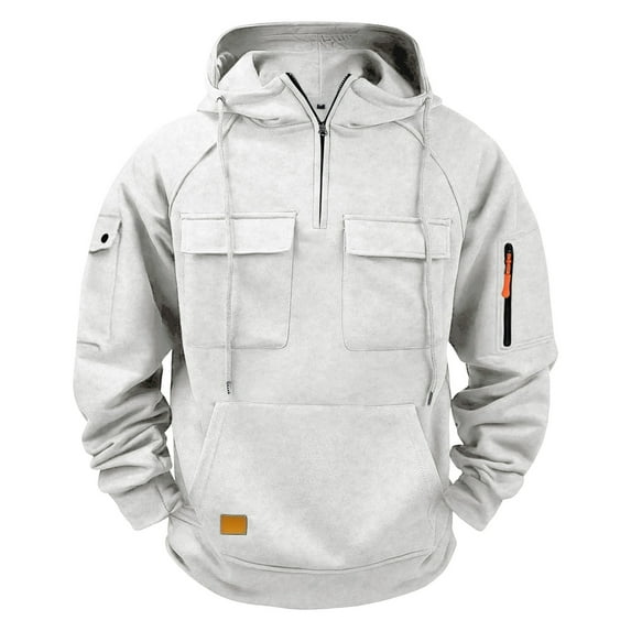 Yusimy Men's Hooded Sweatshirt Solid Color Quarter-Zip Pullover with Multiple Pockets Urban Streetwear Casual Utility Athleisure Modern