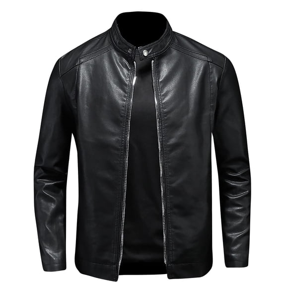 Yusimy Men's Leather Jacket Zip-Front Jacket Stand-Up Collar Jacket Solid Color Long Sleeve Functional Pockets Fashionable Casual Style