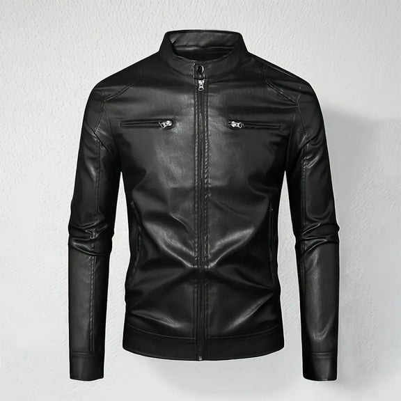 Yusimy Men's Leather Jacket Zip-Front Jacket Stand-Up Collar Jacket Solid Color Long Sleeve Functional Pockets Fashionable Casual Style