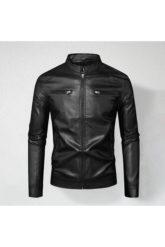 Men's Leather Jacket Zip-Front Jacket Stand-Up Collar Jacket Solid Color Long Sleeve Functional Pockets Fashionable Casual Style