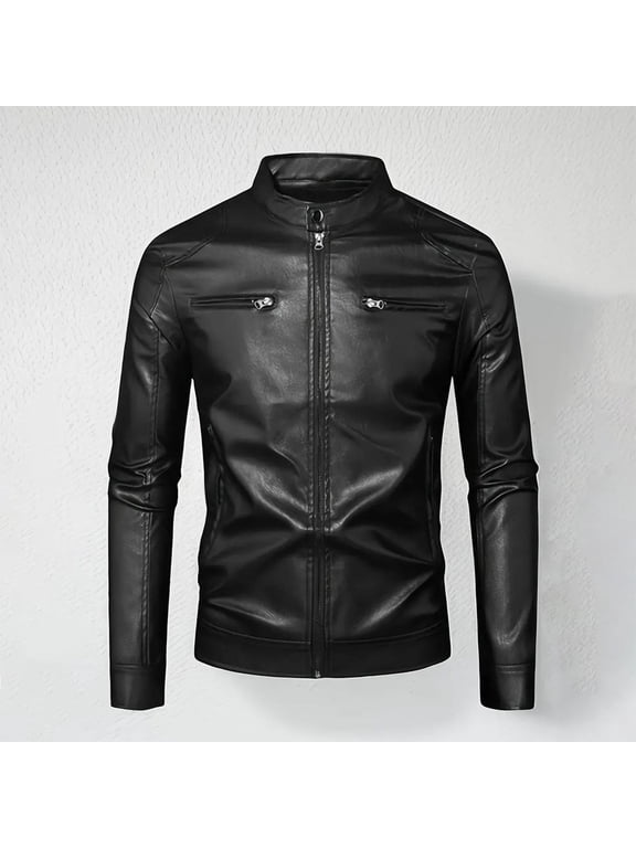 Men's Leather Jacket Zip-Front Jacket Stand-Up Collar Jacket Solid Color Long Sleeve Functional Pockets Fashionable Casual Style