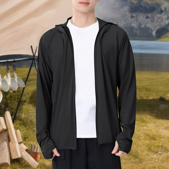 Yusimy Men's Lightweight Sun Protection Jacket Quick-Dry Sportswear Zipper Pocket Hooded Casual Windbreaker Solid Color Long Sleeve Sporty Style