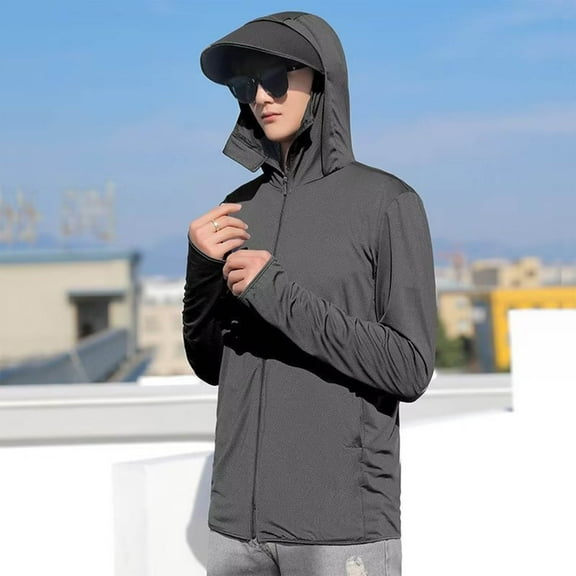 Yusimy Men's Lightweight Sun Protection Jacket Quick-Dry Sportswear Zipper Pocket Hooded Casual Windbreaker Solid Color Long Sleeve Sporty Style