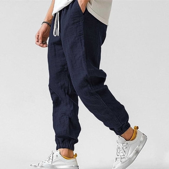 Yusimy Men's Linen Cargo Pants Loose Fit Drawstring Waist Breathable Multi-Pockets Tapered Leg Outdoor Workwear Casual Style