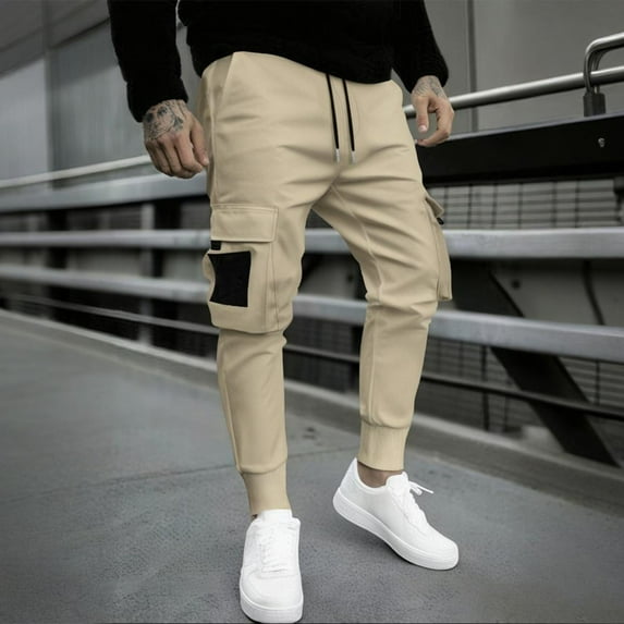 Yusimy Men's Long Pants Drawstring Pants Zipper Pants Solid Color Functional Pockets Casual Fashionable Style