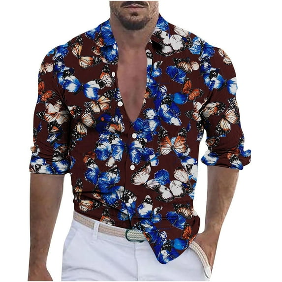Yusimy Men's Long Sleeve Shirt Collared Shirt Printed Shirt Butterfly Print Button-Down Stylish Pattern Casual Style