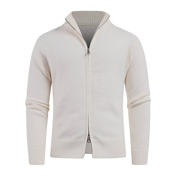 Yusimy Men's Long Sleeve Solid Color Stand-Up Collar Double-Zip Knit Cardigan Sweater Jacket Versatile Casual Style